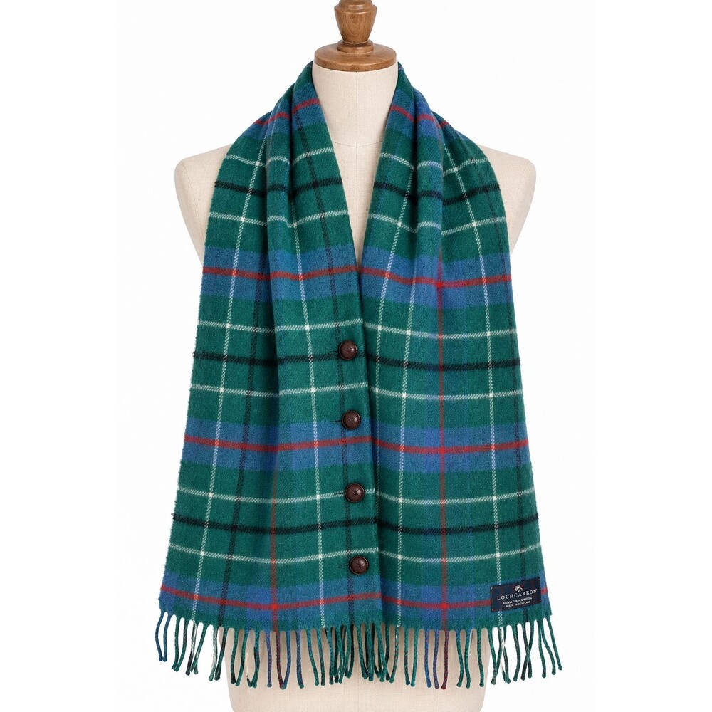 Lochcarron Scarf 100% Lambswool Green Plaid Made in Scotland Button Closure